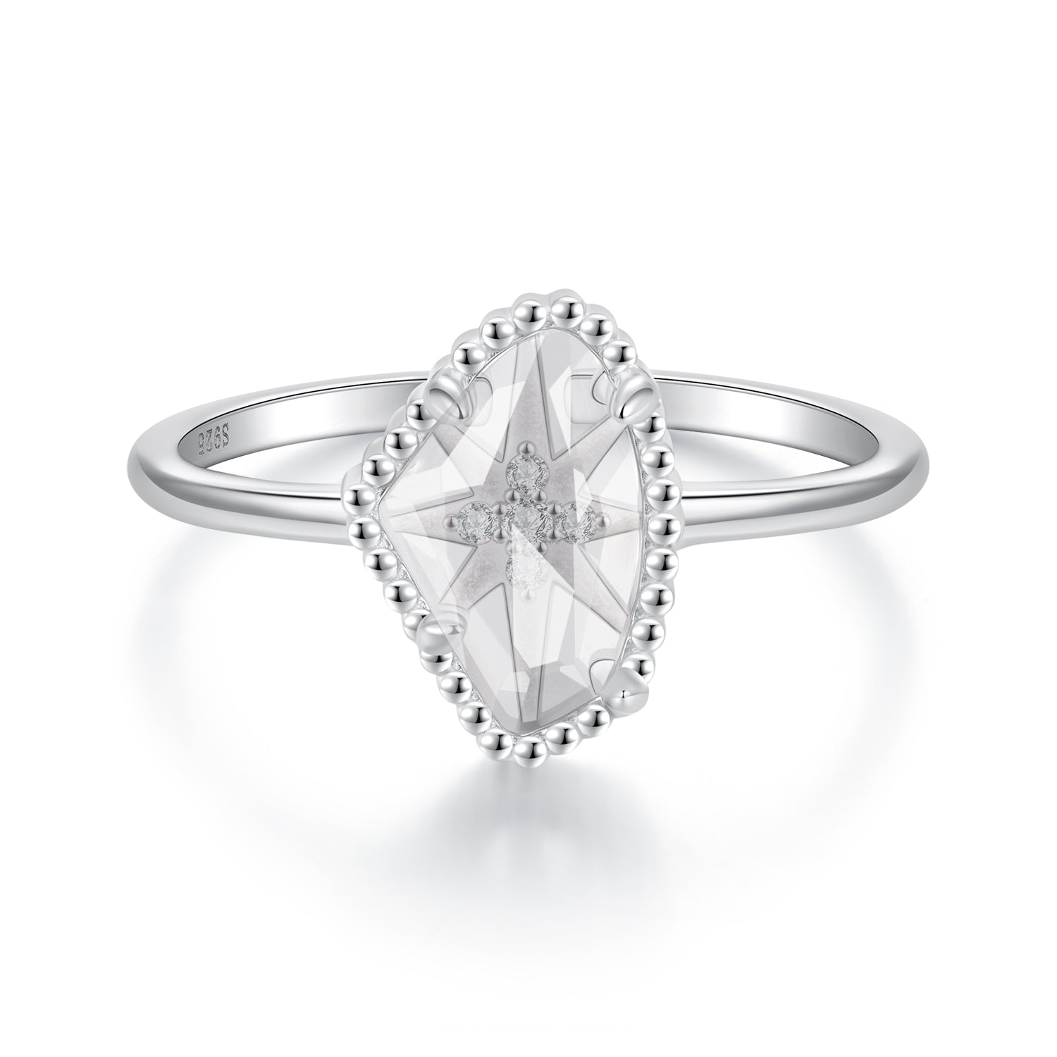 925 Sterling Silver Ring with Transparent Glass and CZ, 0.15cm Width, for Women  DestGlow