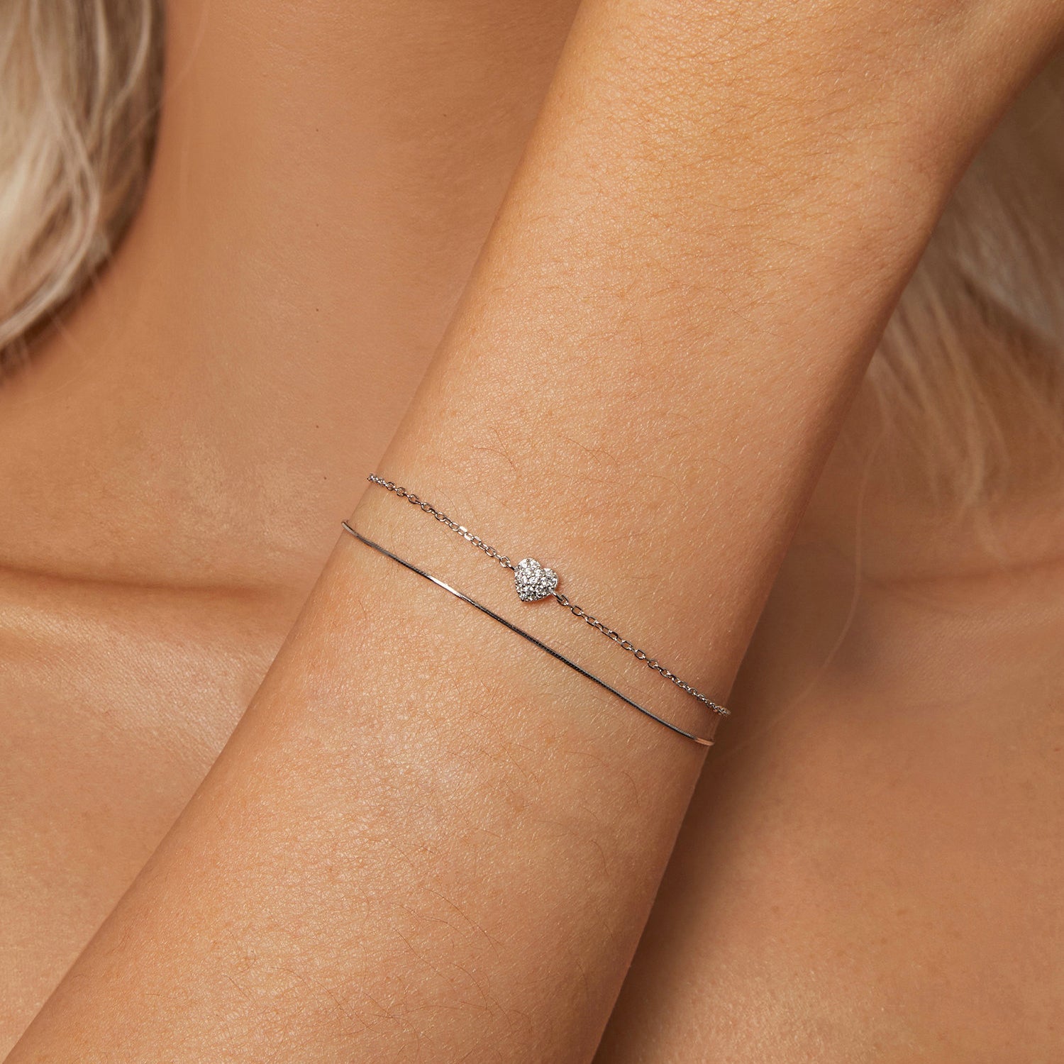 925 Sterling Silver White Gold Plated Heart-Shaped Bracelet with CZ, Length 150+60mm  DestGlow