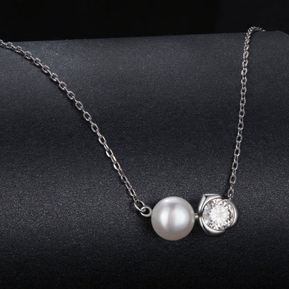 925 Sterling Silver Moissanite &amp; Freshwater Pearl White Gold Necklace 45cm for Women