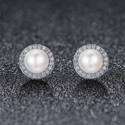925 Sterling Silver Freshwater Pearl Earrings with CZ for Women