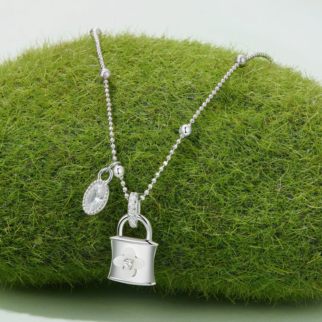 925 Sterling Silver White Gold Plated Necklace with CZ and Nacre for Women  DestGlow