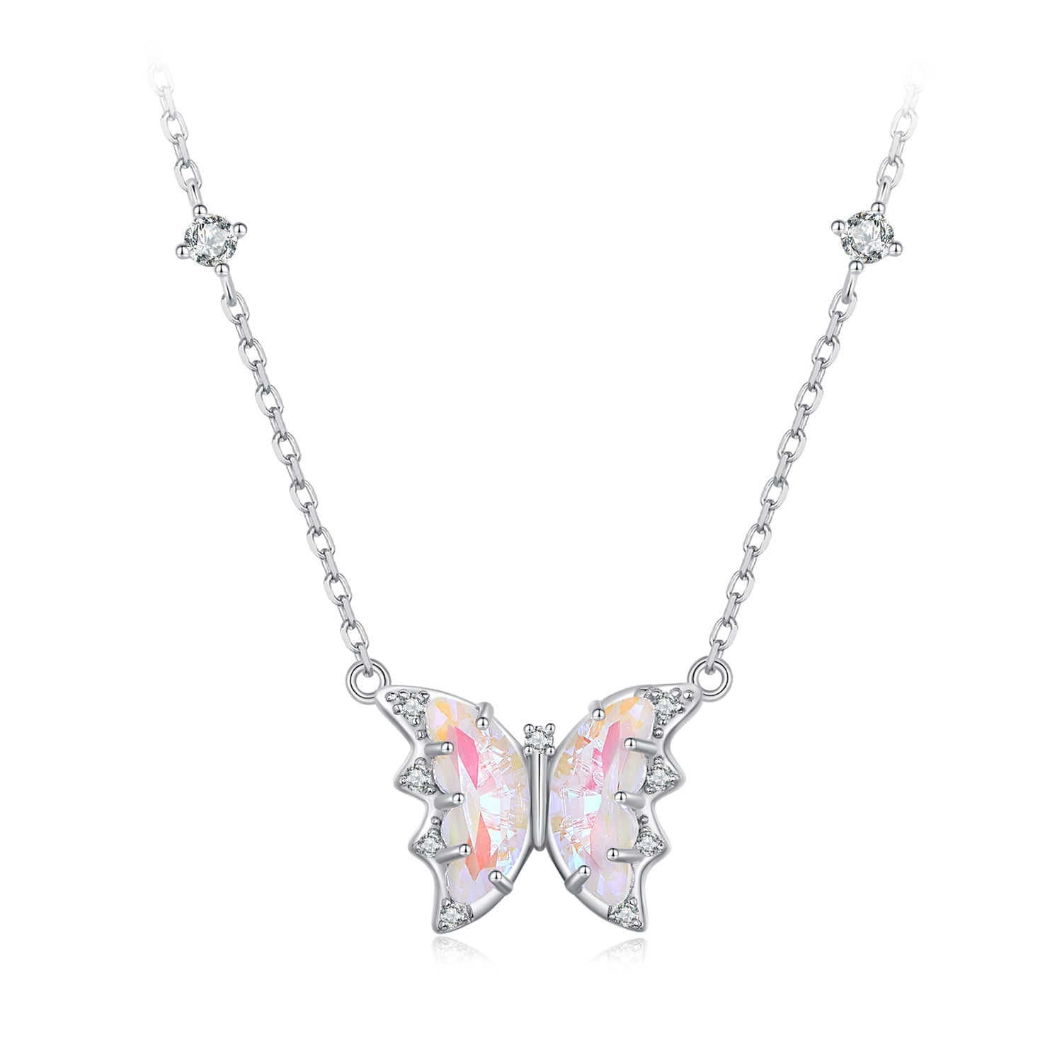 S925 Sterling Silver Necklace with Pavé Setting CZ, Resin, and Platinum Plating - 390mm Length  DestGlow