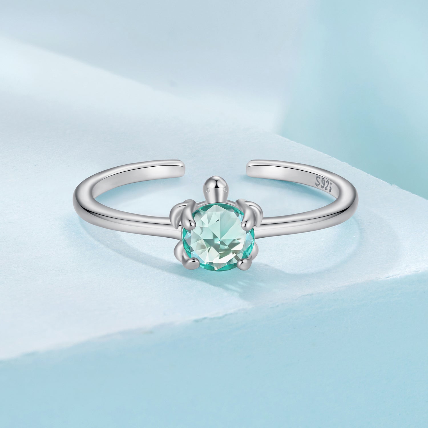 925 Sterling Silver White Gold Plated Transparent Glass Turtle Ring  DestGlow