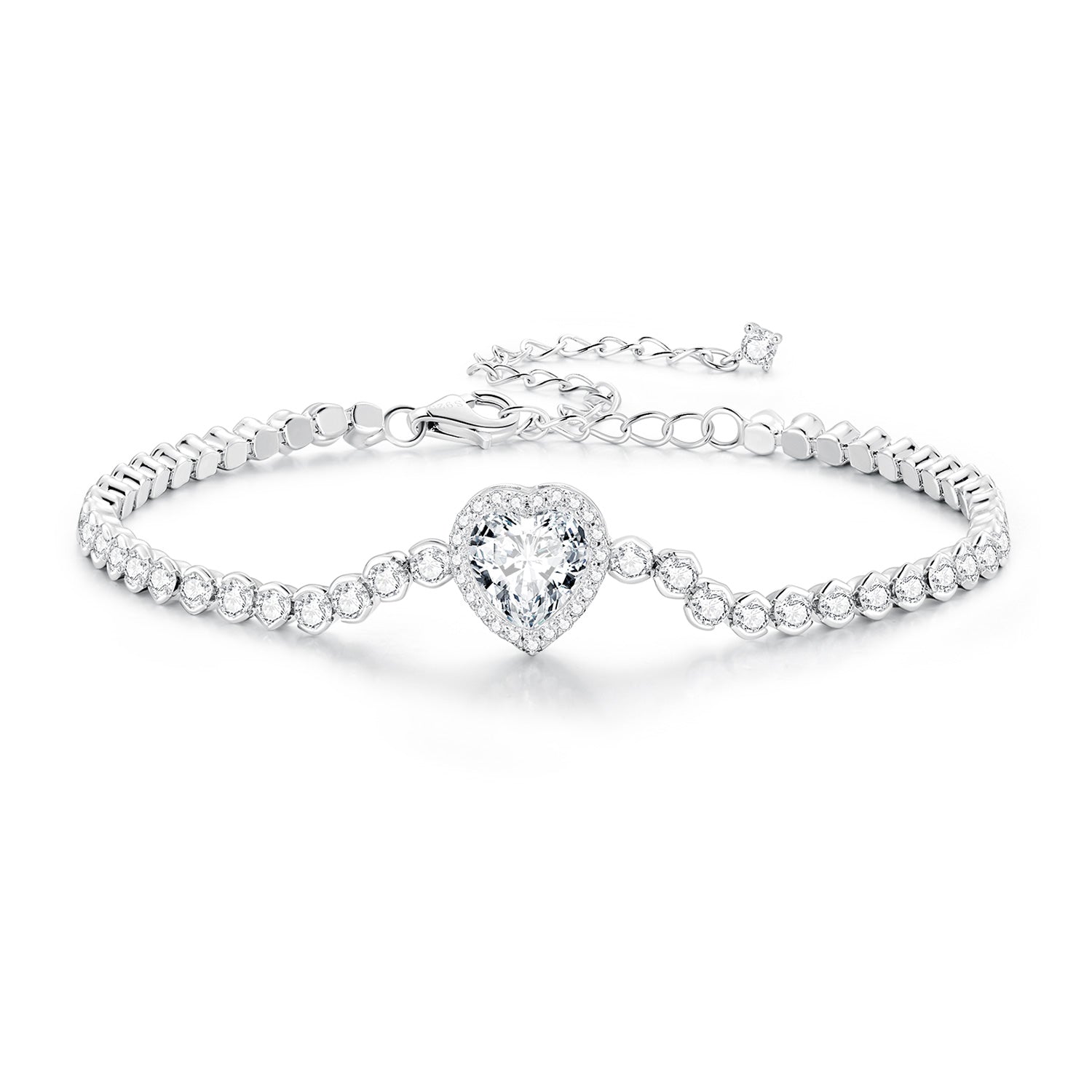 925 Sterling Silver Bracelet with CZ Zircon, 15+6.5cm, Platinum Plated for Women  DestGlow