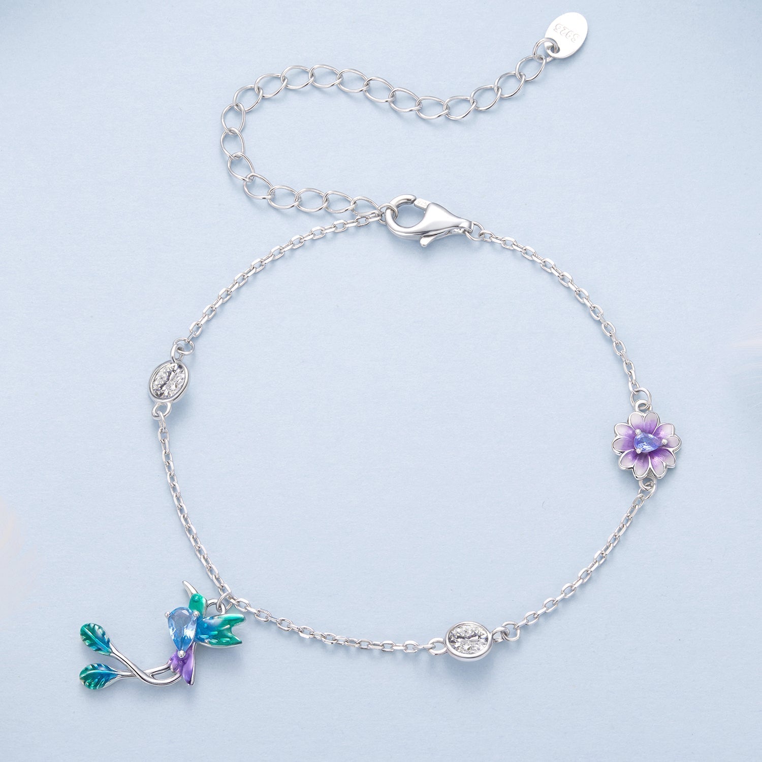 925 Sterling Silver Enamel Pavé CZ White Gold Bracelet for Women 15+6cm  DestGlow