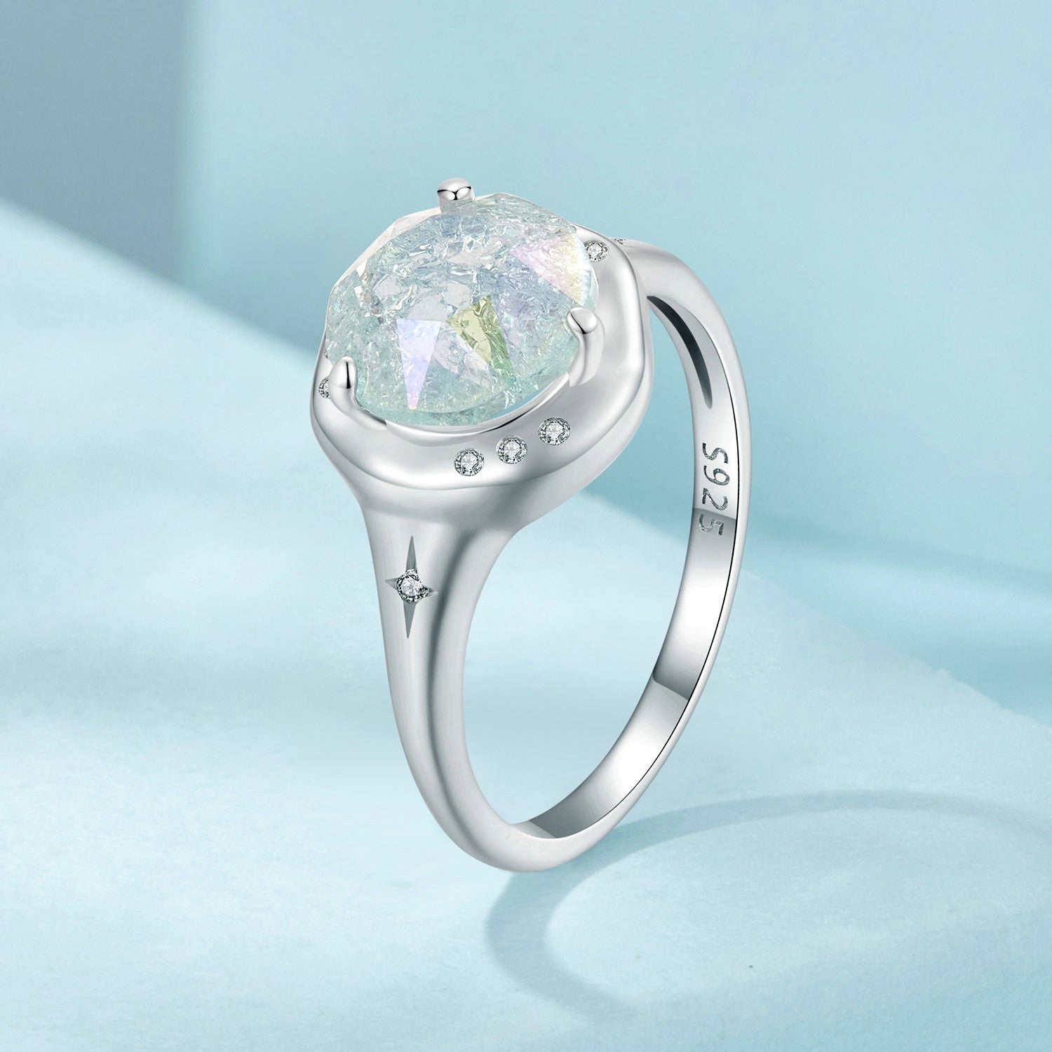 925 Sterling Silver Ring Size 6.0 with 11mm CZ &amp; Transparent Glass for Women  DestGlow