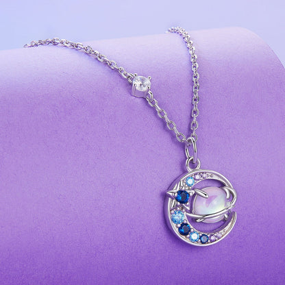 925 Sterling Silver Necklace with Pavé CZ &amp; Transparent Glass Pendant for Women