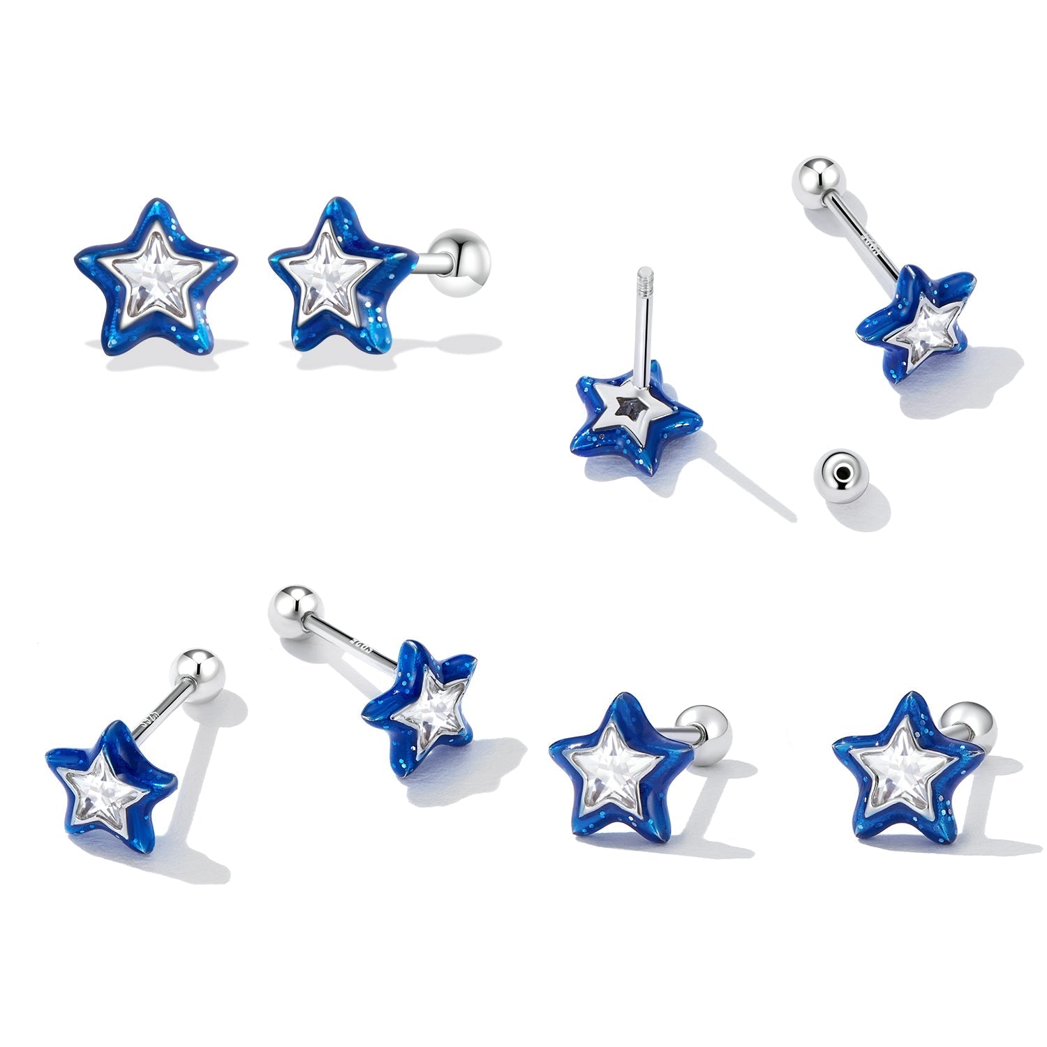 925 Sterling Silver Enamel CZ Stud Earrings in Platinum Plating