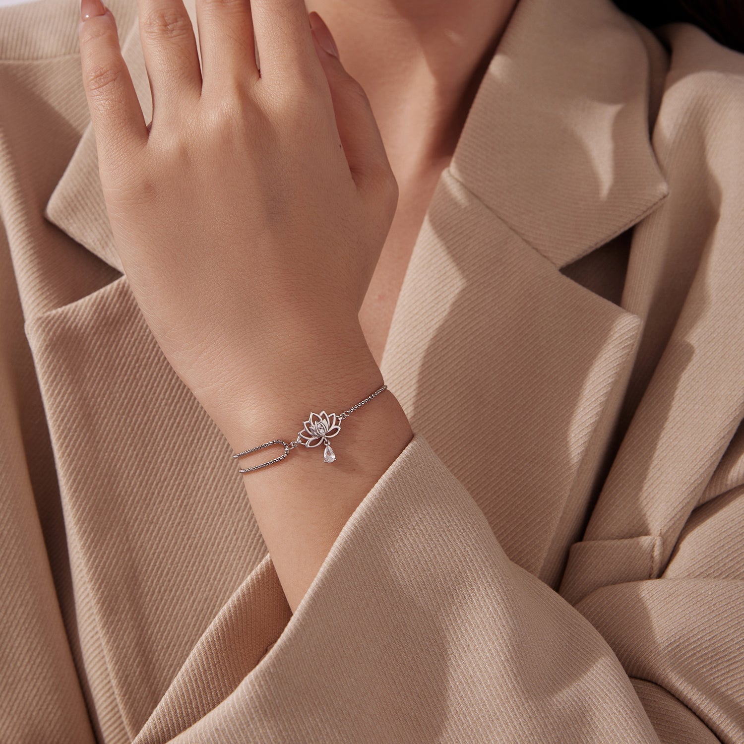 925 Sterling Silver Adjustable Chain Bracelet with White Gold Plating and CZ for Women  DestGlow