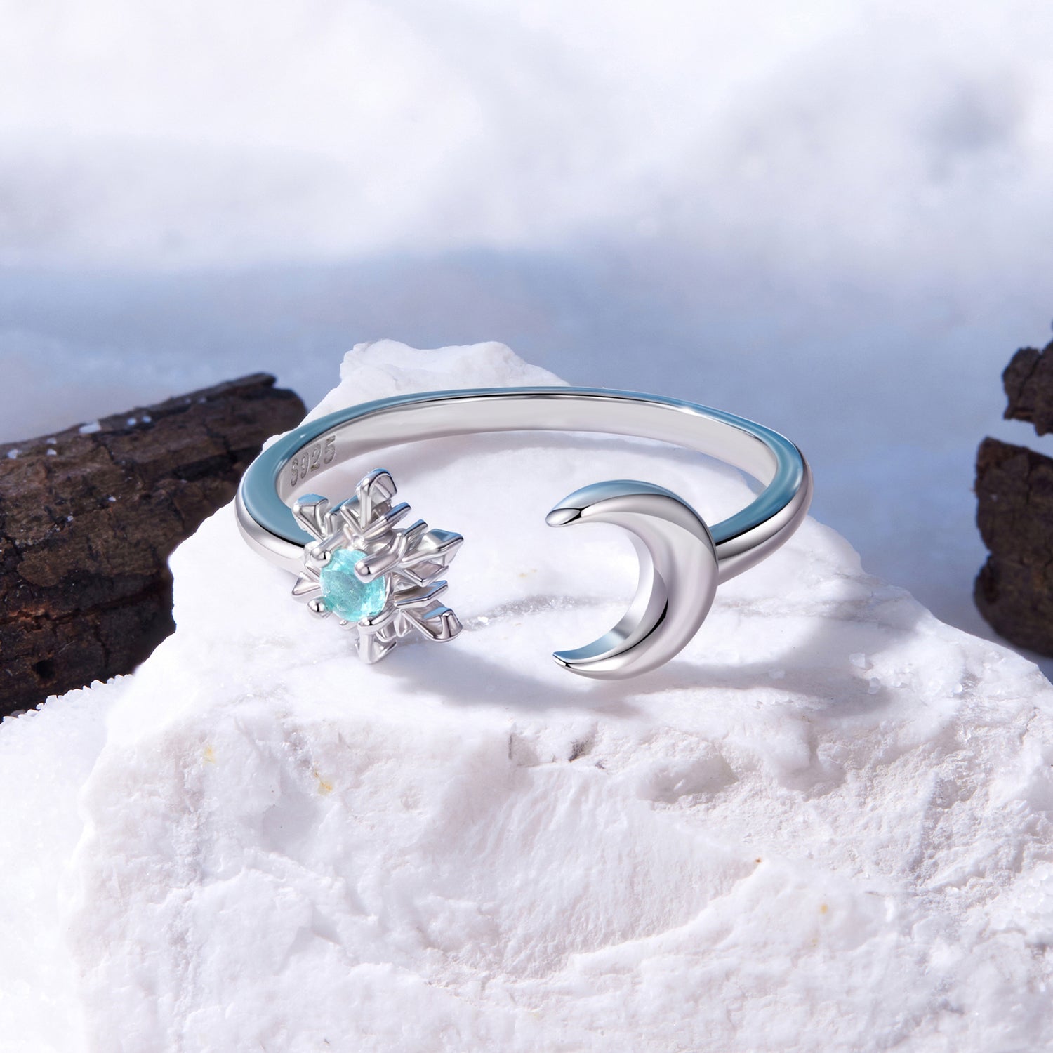 925 Sterling Silver Ring with Glass Snowflakes and Moon for Women  DestGlow