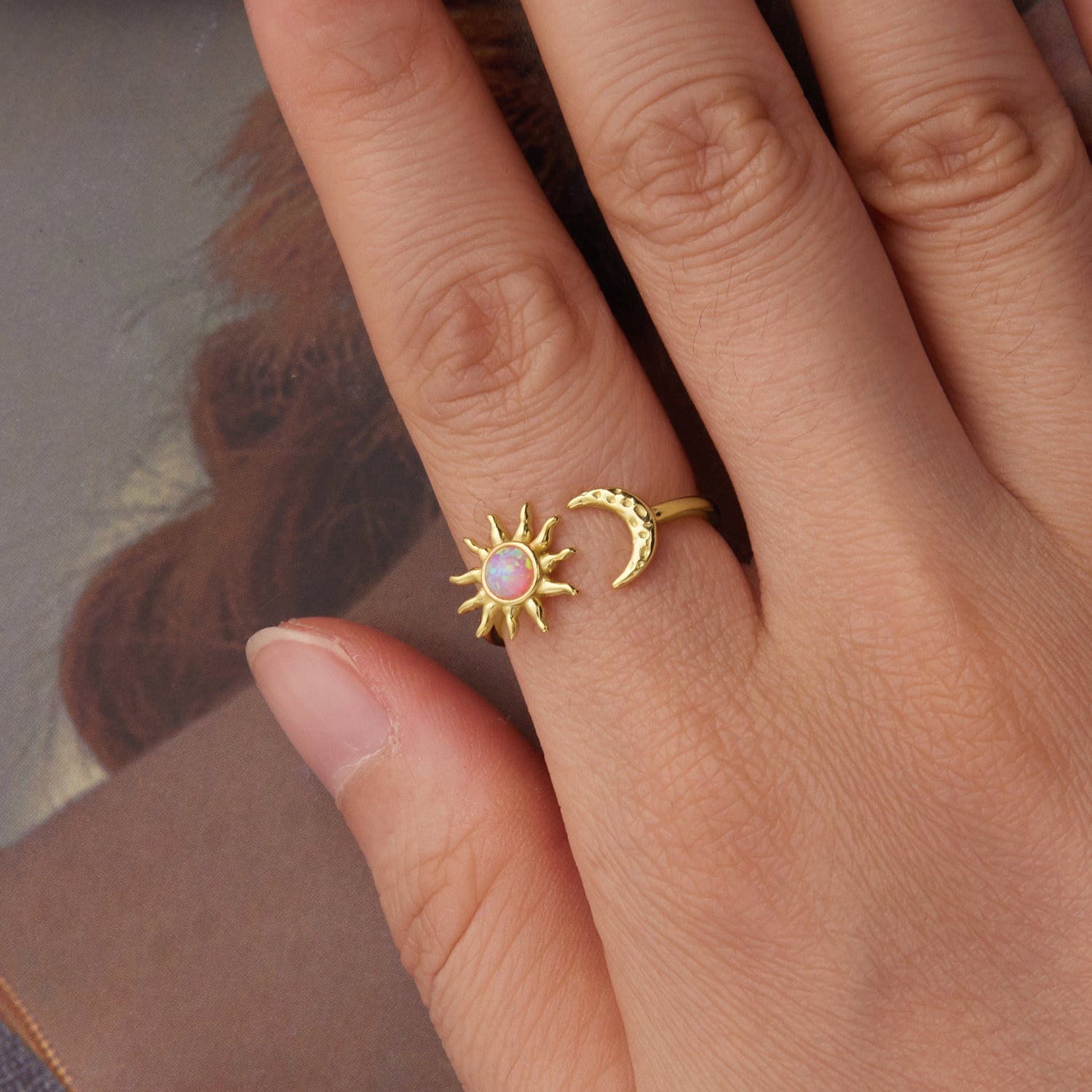 925 Sterling Silver Gold Plated Ring with Synthetic Opal Sun &amp; Moon for Women  DestGlow