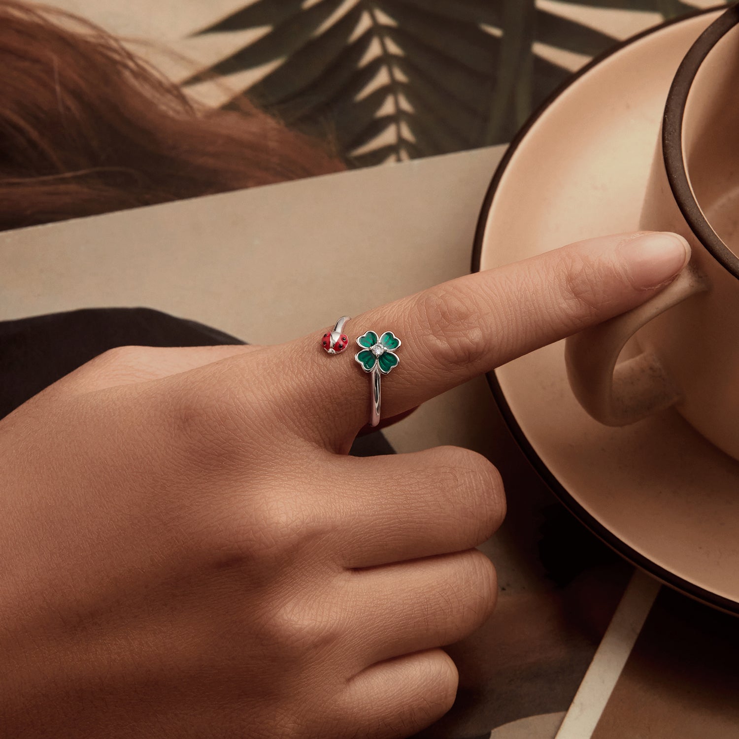 925 Sterling Silver Ladybug Four-leaf Clover Ring for Women  DestGlow