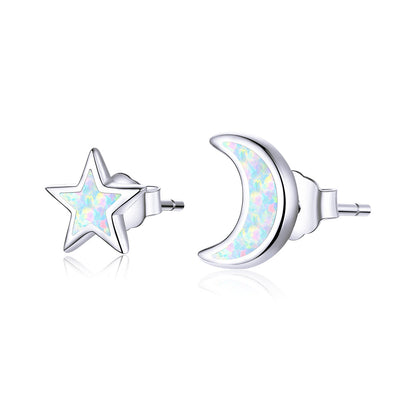 925 Sterling Silver Opal Earrings for Women - Star &amp; Moon Design