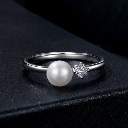 925 Sterling Silver Moissanite &amp; Freshwater Pearl Ring 3mm Size 6 for Women