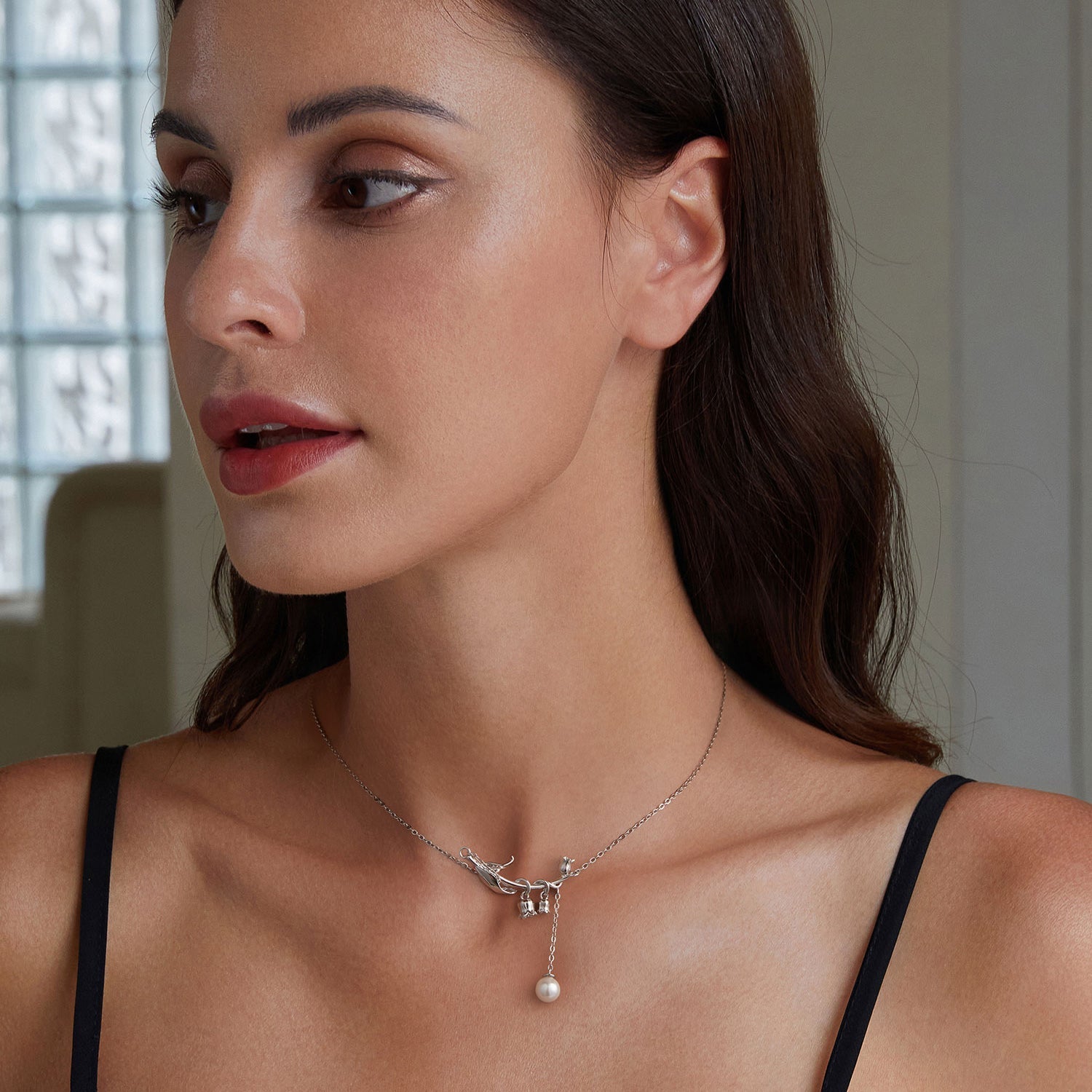 925 Sterling Silver Necklace with Quality Shell Pearl &amp; Platinum Plating, 380mm Length for Women  DestGlow