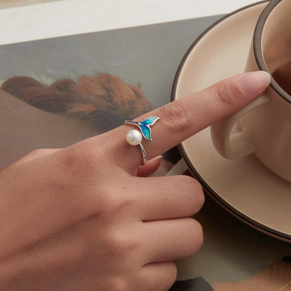925 Sterling Silver Enamel White Gold Plated Fishtail Ring with Quality Shell Pearl for Women  DestGlow