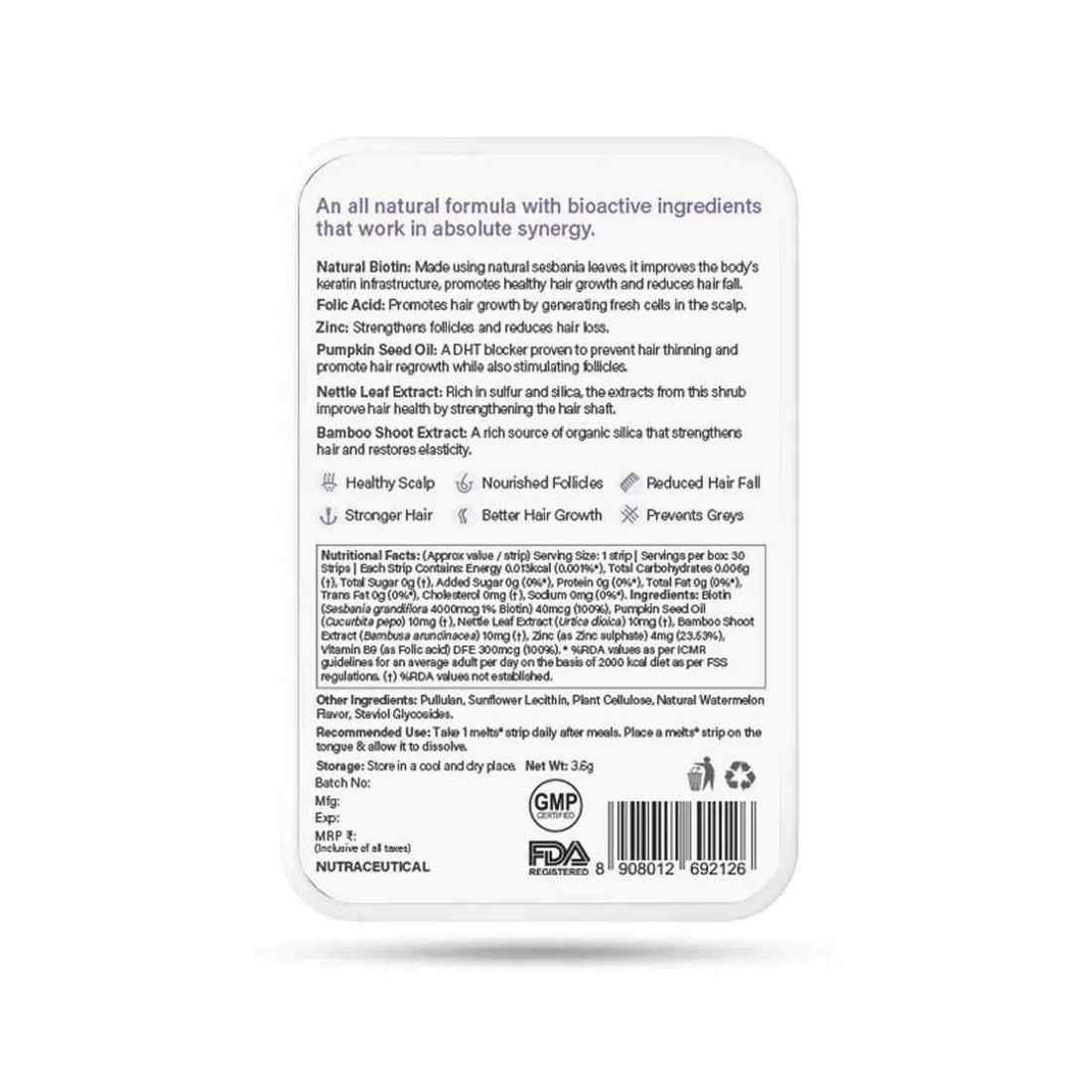 Wellbeing Nutrition Melts into Healthy Hair Biotin 10,000mcg Tropical Watermelon Disintegrating Strip Sugar Free