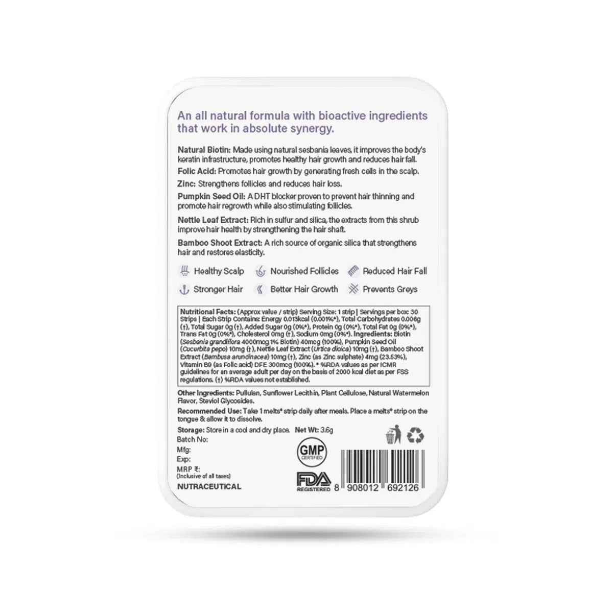 Wellbeing Nutrition Melts into Healthy Hair Biotin 10,000mcg Tropical Watermelon Disintegrating Strip Sugar Free