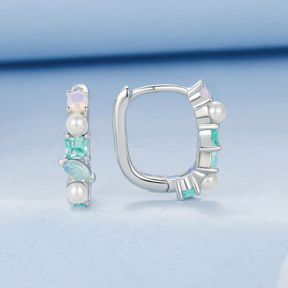 925 Sterling Silver Earrings with Nano Opal, Shell Pearl and Glass, 1.4cm for Women  DestGlow