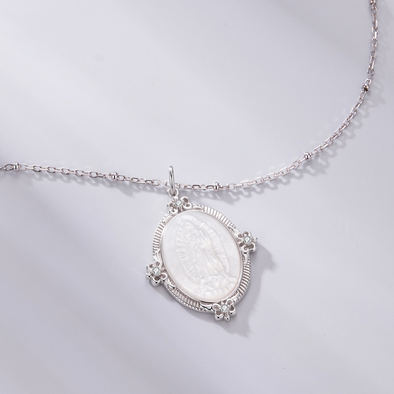 925 Sterling Silver Necklace with White Gold Plating, 40+5cm Length, CZ &amp; Mother of Pearl Pendant for Women