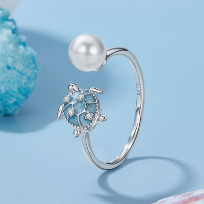 925 Sterling Silver Turtle Ring with Quality Shell Pearl &amp; CZ - Size: nan  DestGlow