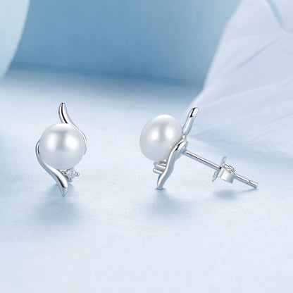 925 Sterling Silver Natural Pearl &amp; CZ Earrings Plated in Platinum