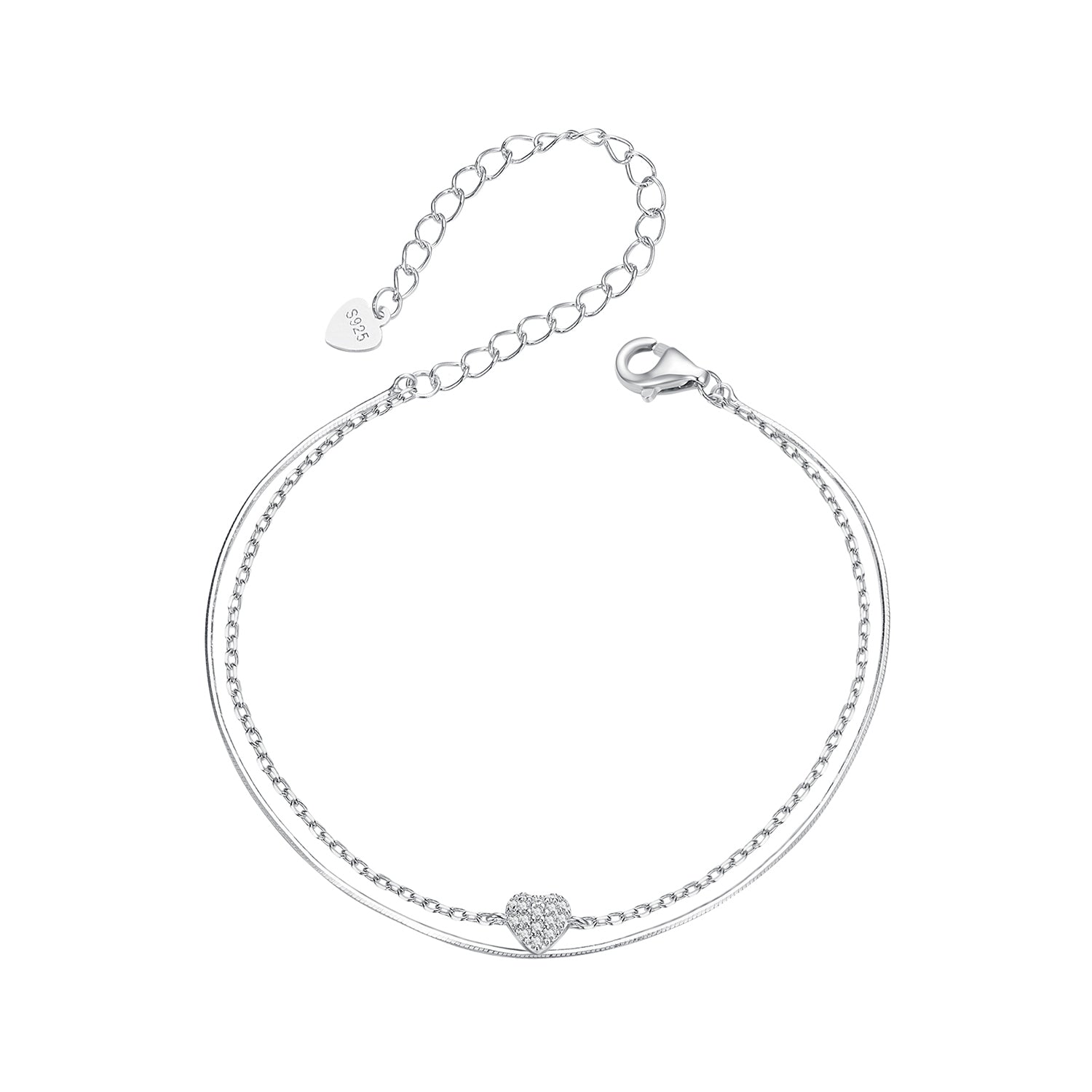 925 Sterling Silver White Gold Plated Heart-Shaped Bracelet with CZ, Length 150+60mm  DestGlow