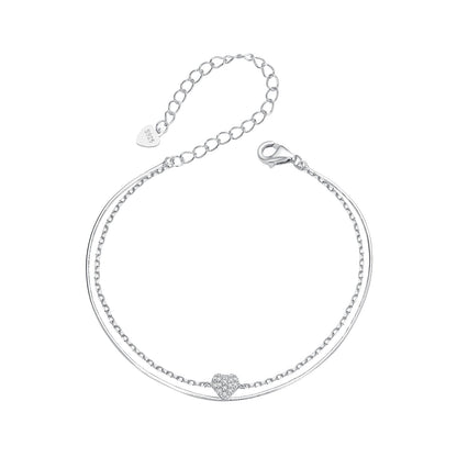 925 Sterling Silver White Gold Plated Heart-Shaped Bracelet with CZ, Length 150+60mm  DestGlow