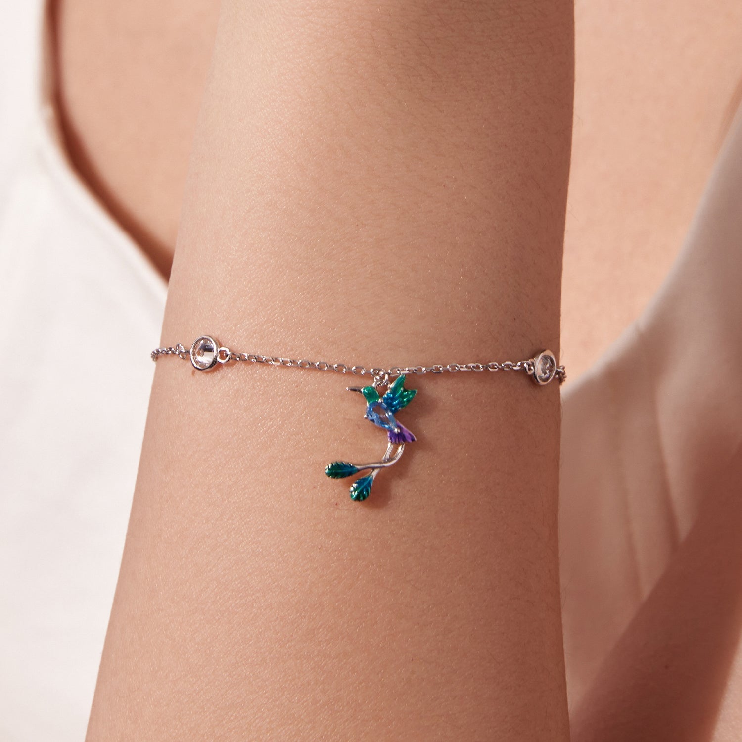 925 Sterling Silver Enamel Pavé CZ White Gold Bracelet for Women 15+6cm  DestGlow