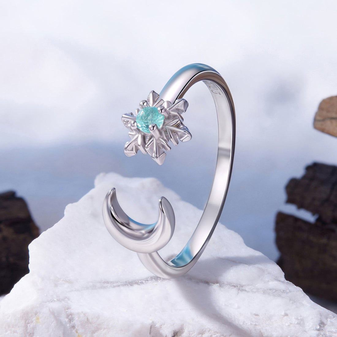925 Sterling Silver Ring with Glass Snowflakes and Moon for Women  DestGlow