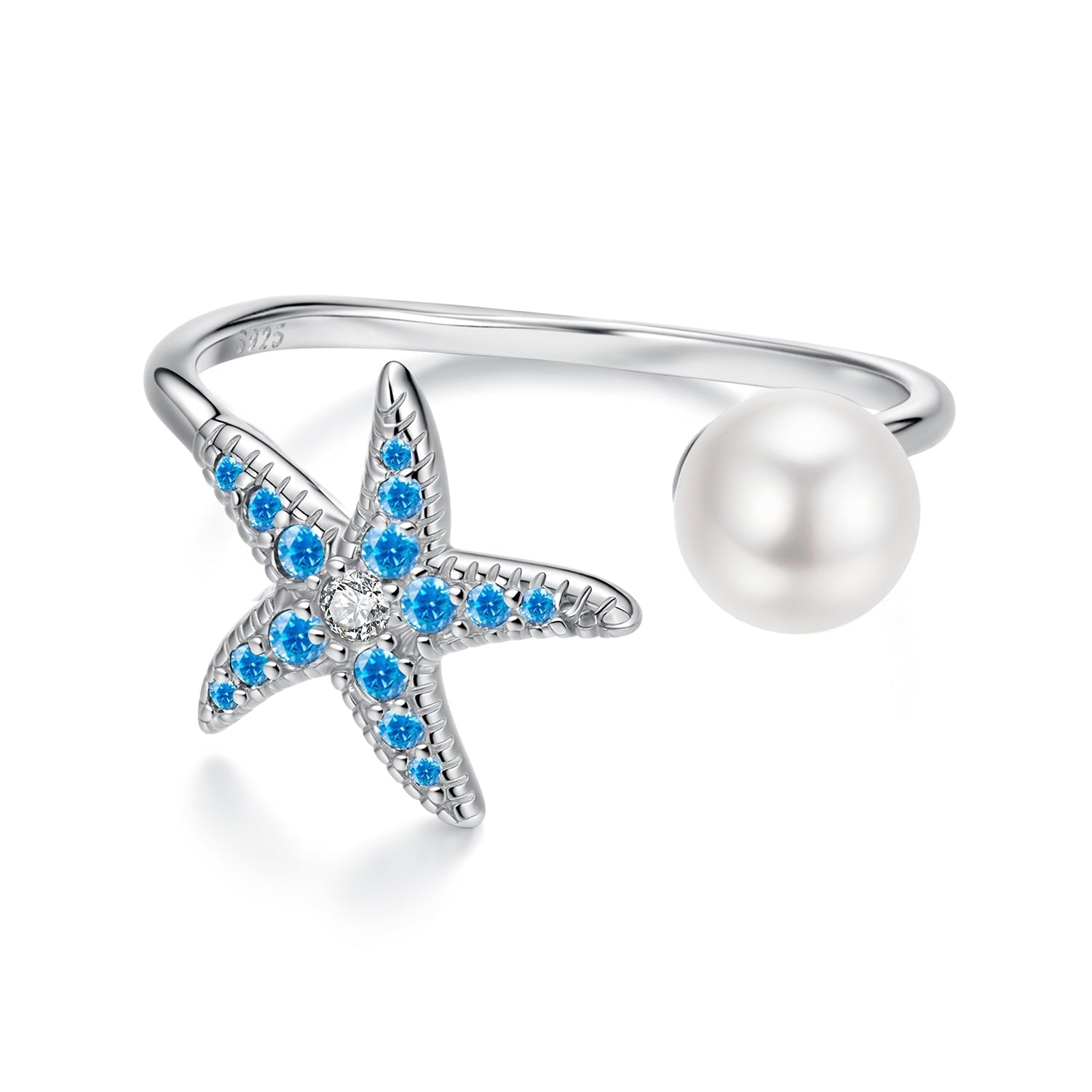 925 Sterling Silver White Gold Plated Quality Shell Pearl Starfish Ring for Women  DestGlow