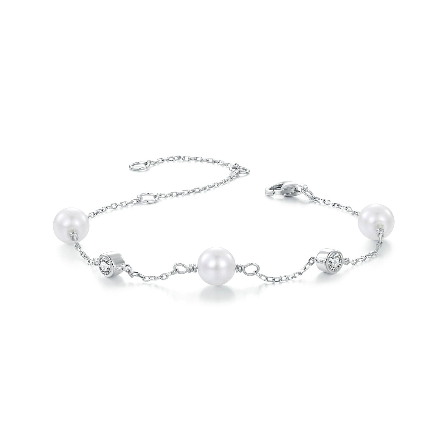 925 Sterling Silver 3mm Moissanite &amp; Shell Pearl Bracelet for Women