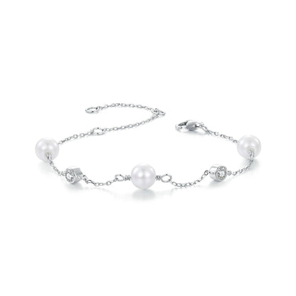 925 Sterling Silver 3mm Moissanite &amp; Shell Pearl Bracelet for Women