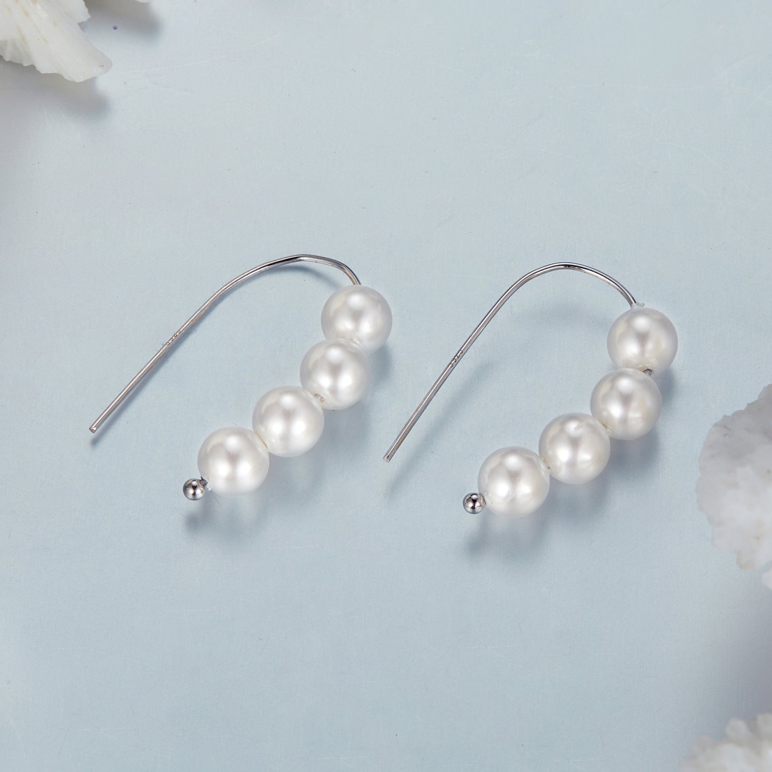 925 Sterling Silver White Gold Plated Earrings with Quality Shell Pearl, 2.1*0.5cm for Women  DestGlow