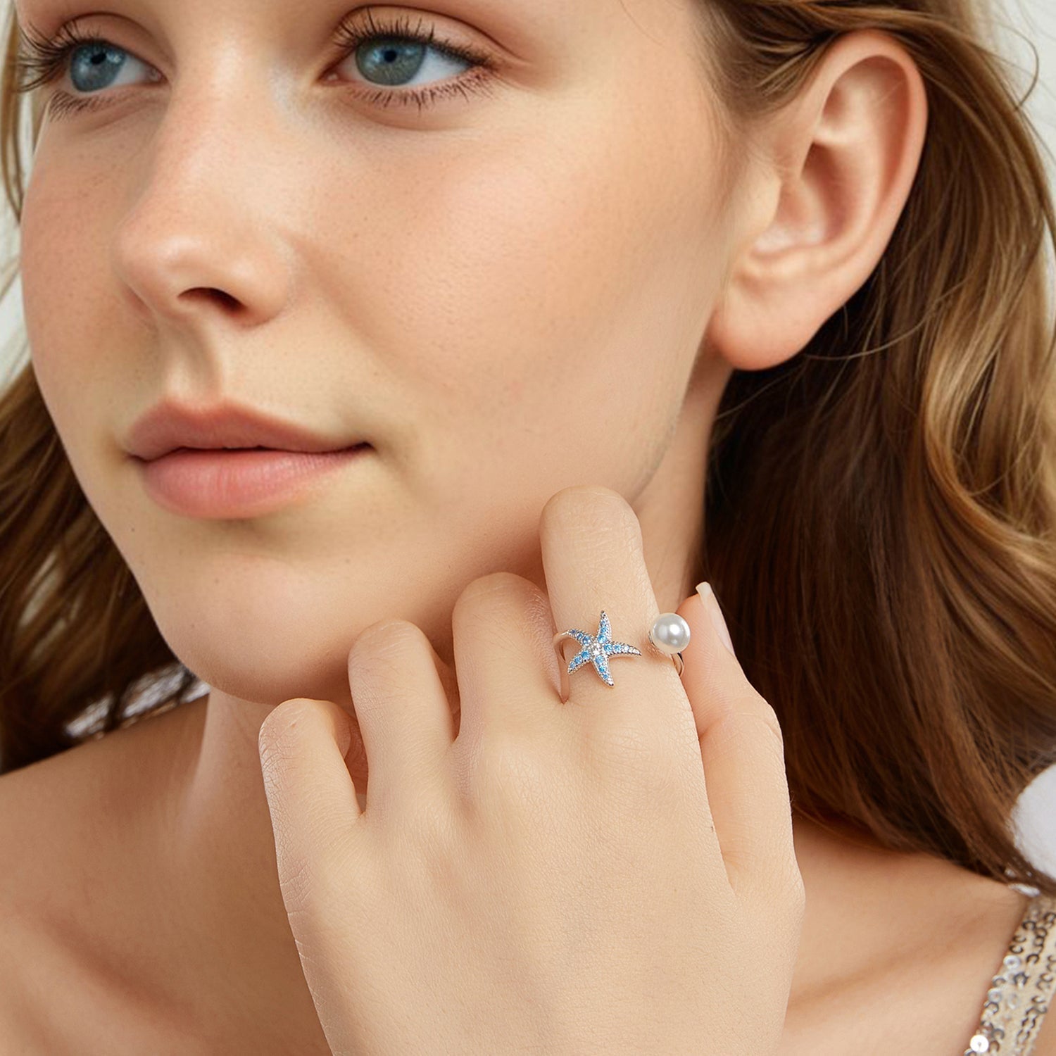 925 Sterling Silver White Gold Plated Quality Shell Pearl Starfish Ring for Women  DestGlow