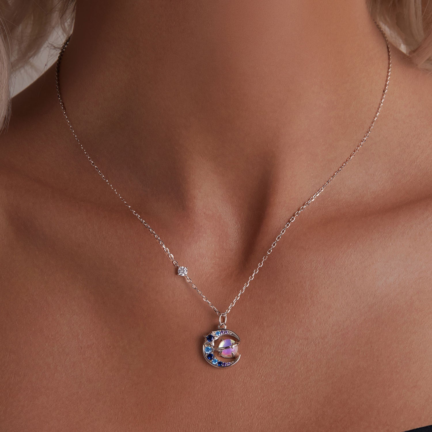 925 Sterling Silver Necklace with Pavé CZ &amp; Transparent Glass Pendant for Women