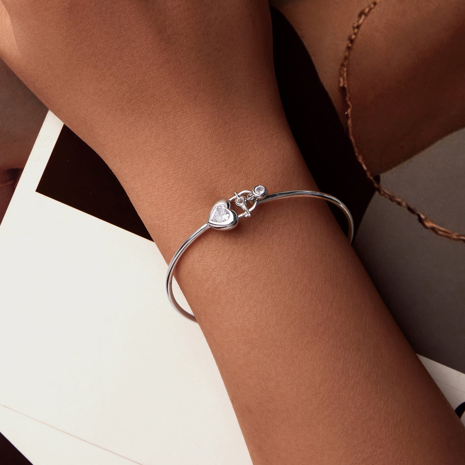 925 Sterling Silver Bracelet with CZ, 17mm, White Gold Plated, For Women  DestGlow