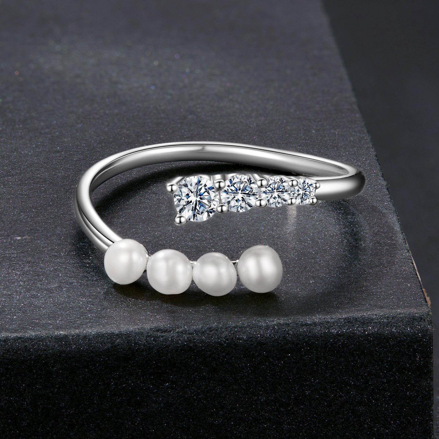925 Sterling Silver Moissanite &amp; Freshwater Pearl Ring, White Gold Plated, Size E for Women  DestGlow