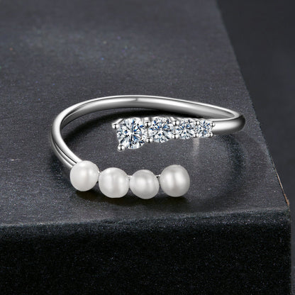 925 Sterling Silver Moissanite &amp; Freshwater Pearl Ring, White Gold Plated, Size E for Women  DestGlow