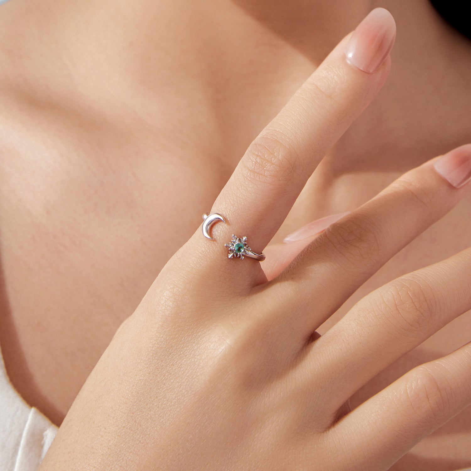 925 Sterling Silver Ring with Glass Snowflakes and Moon for Women  DestGlow
