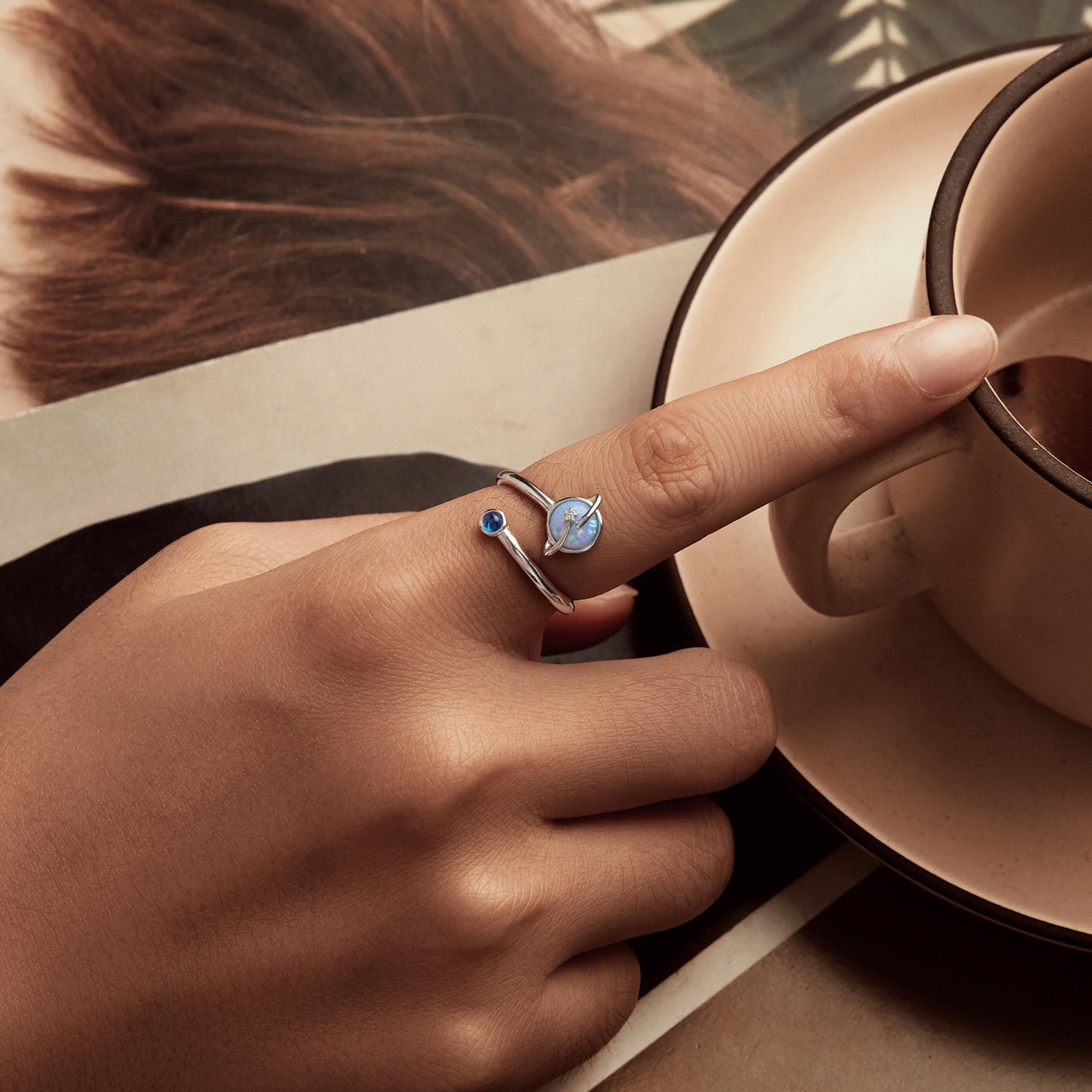 925 Sterling Silver Ring with Pavé Setting, White Gold Plated, with Translucent Opal for Women  DestGlow