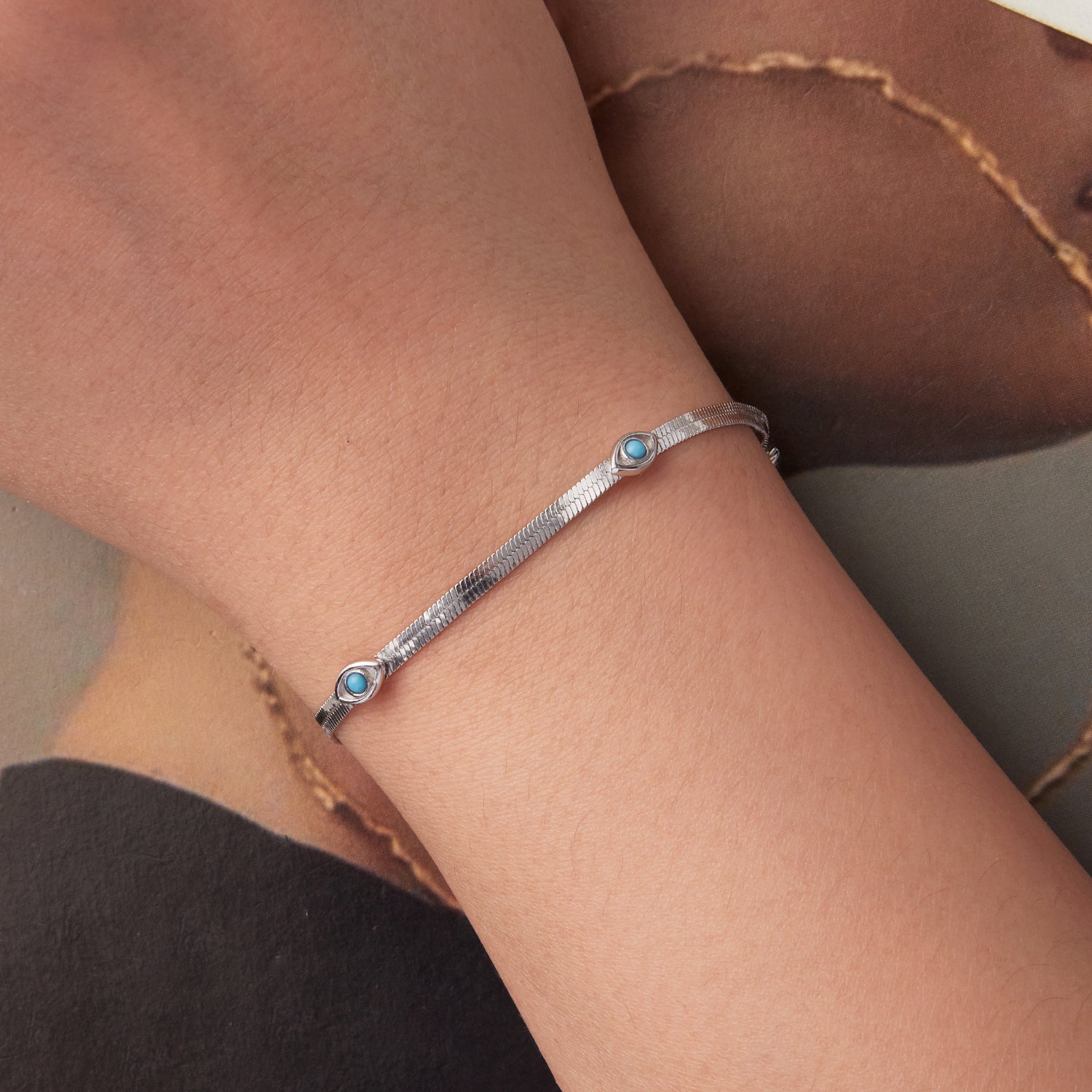 925 Sterling Silver White Gold Plated Multi-Layer Bracelet with Synthetic Turquoise  DestGlow