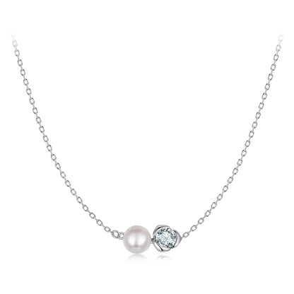 925 Sterling Silver Moissanite &amp; Freshwater Pearl White Gold Necklace 45cm for Women