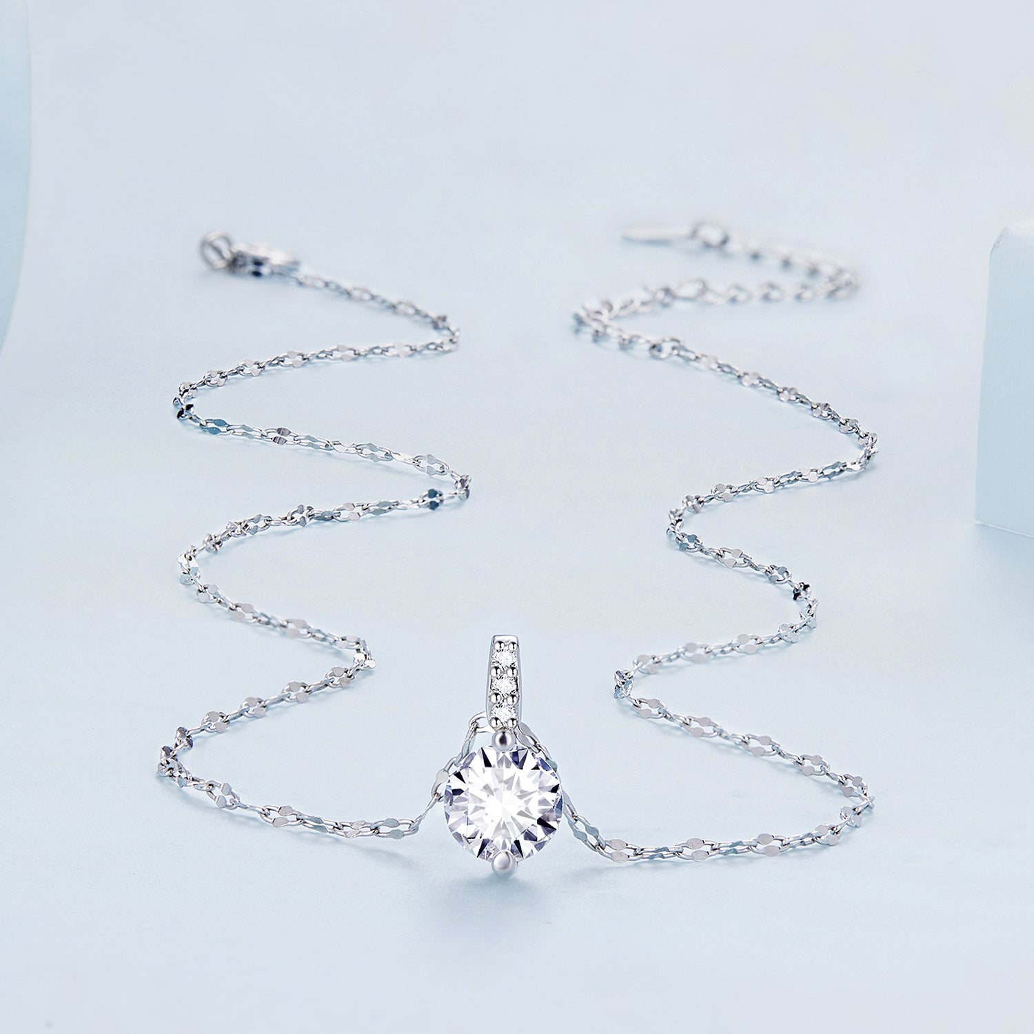 925 Sterling Silver Necklace with Pavé Setting CZ - Adjustable Length, Platinum Plated - Women&