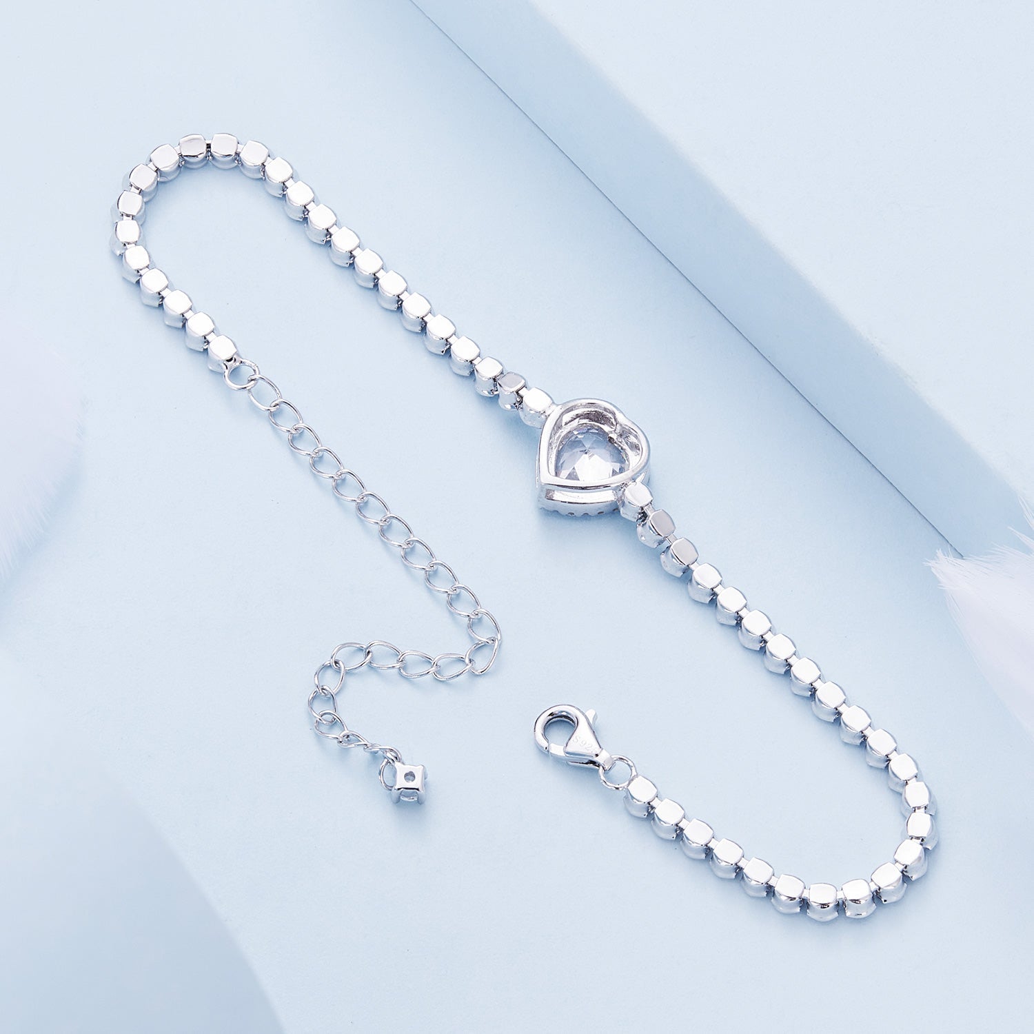 925 Sterling Silver Bracelet with CZ Zircon, 15+6.5cm, Platinum Plated for Women  DestGlow
