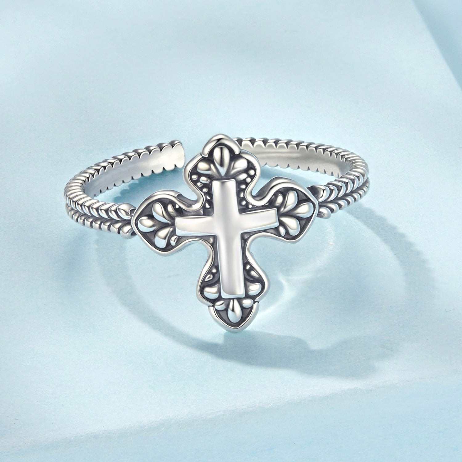 925 Sterling Silver Oxidized Silver 0.18cm Crucifix Adjustable Ring for Women  DestGlow