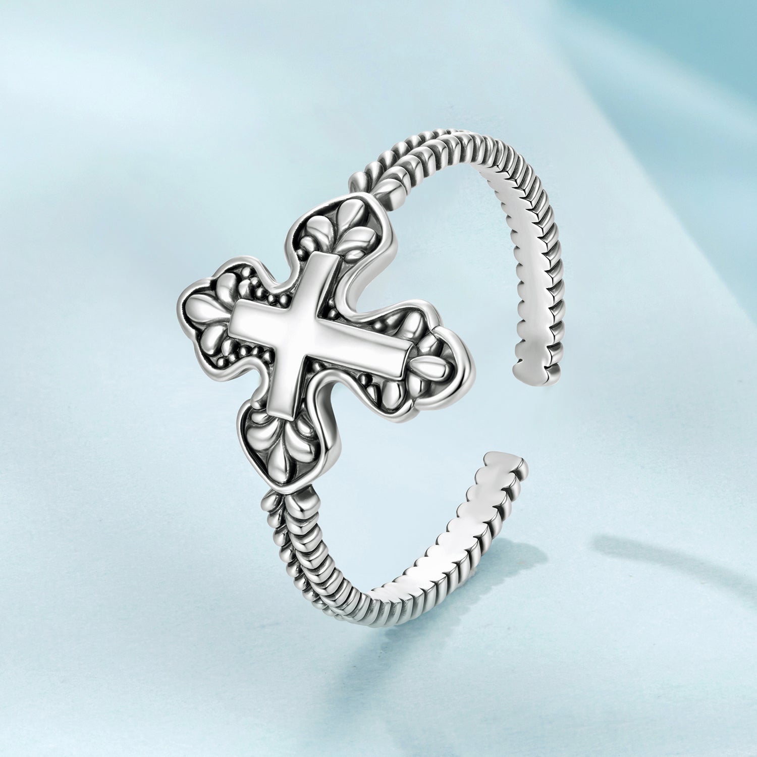 925 Sterling Silver Oxidized Silver 0.18cm Crucifix Adjustable Ring for Women  DestGlow