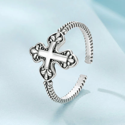 925 Sterling Silver Oxidized Silver 0.18cm Crucifix Adjustable Ring for Women  DestGlow