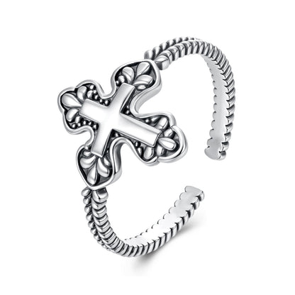 925 Sterling Silver Oxidized Silver 0.18cm Crucifix Adjustable Ring for Women  DestGlow