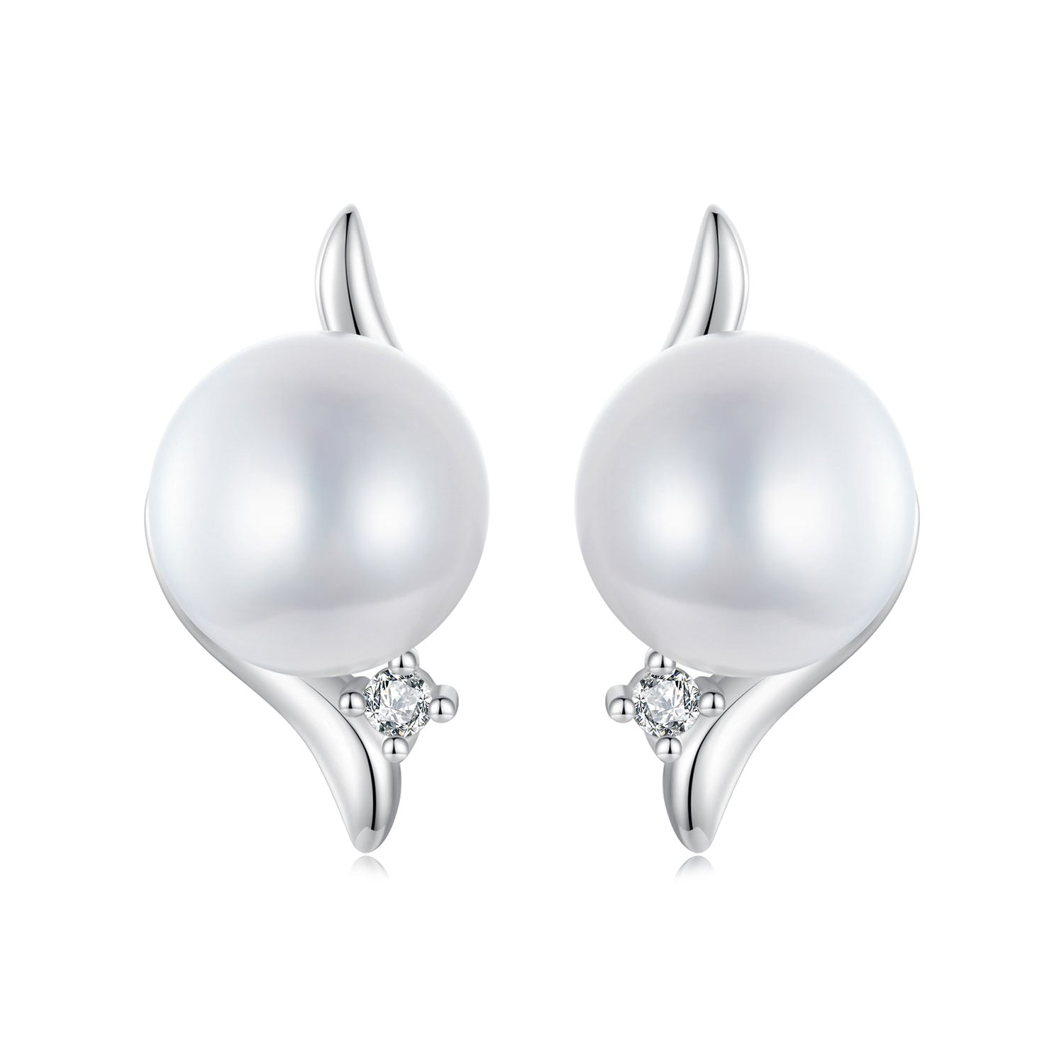 925 Sterling Silver Natural Pearl &amp; CZ Earrings Plated in Platinum